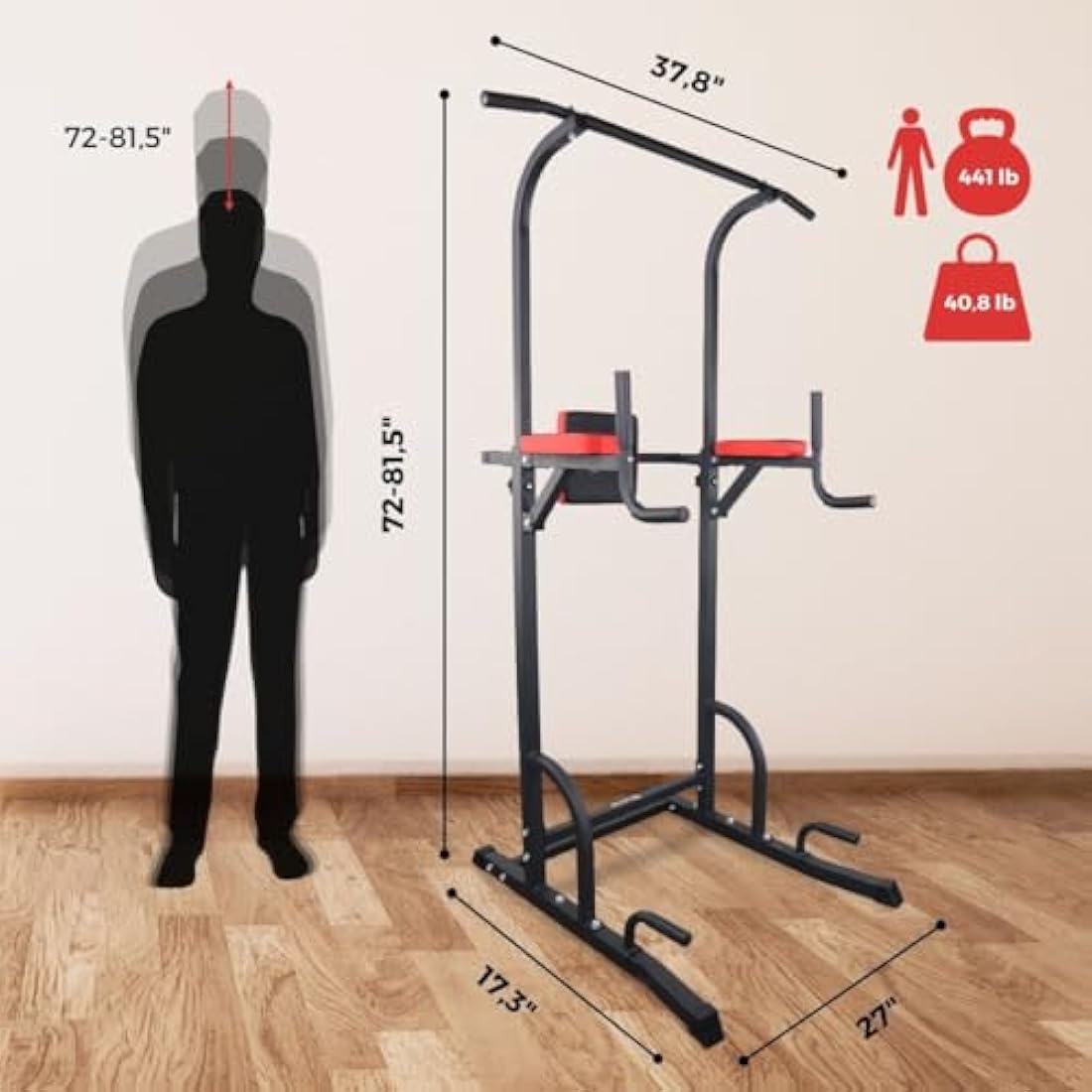 Mobiclinic® Fitness, Power Tower Dip Station, MultiFit, Adjustable Height and Backrest, Multi gym, Heavy Duty, Multi-functional Tower, Home Gym, Pull-up bar, Abdominal Exercise