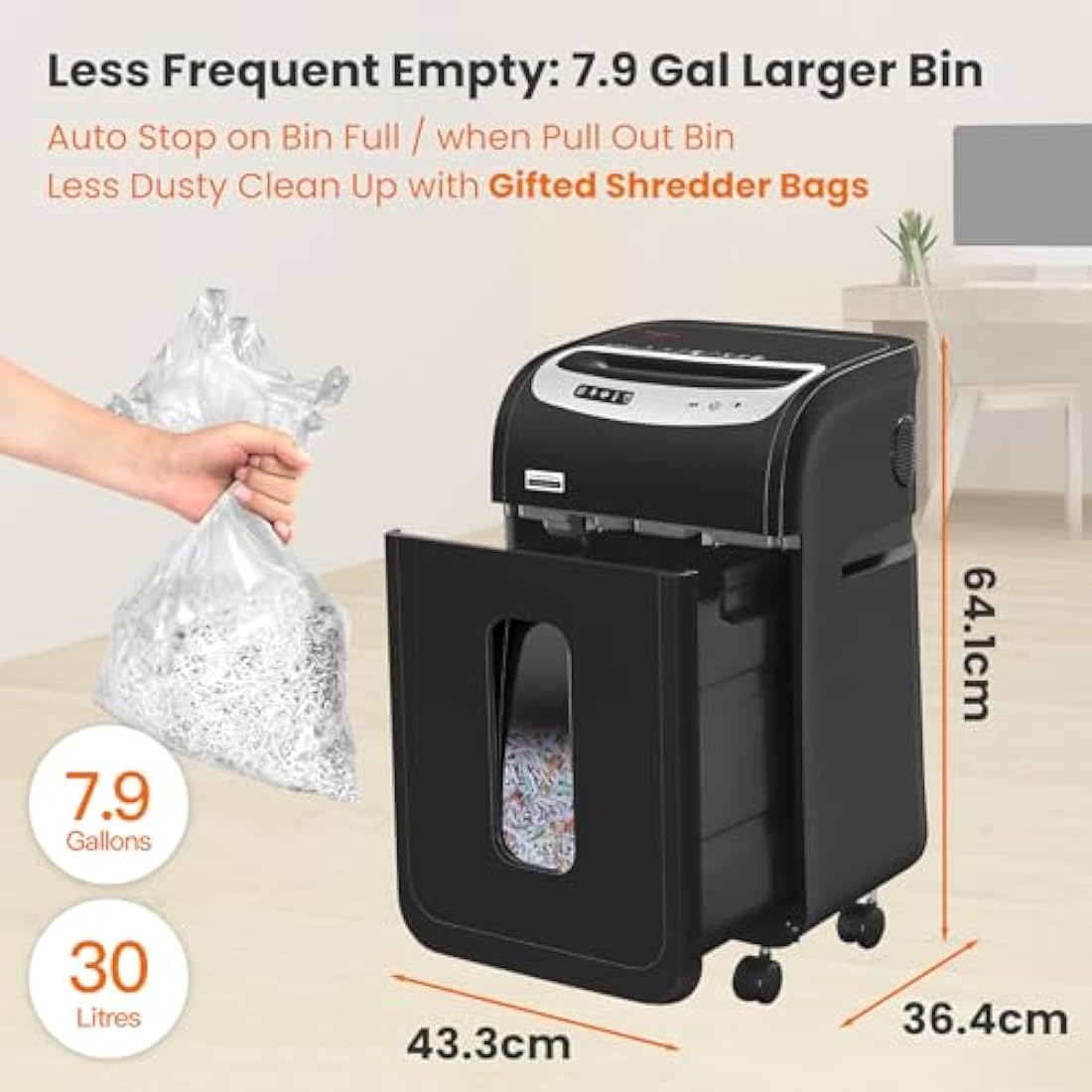 VidaTeco Cross-Cut Paper Shredder Heavy Duty, 20-Sheet 60 Mins Running Shreds Paper/Card/Staple/Clip Paper Shredder for Home Office Use, P-4 AUTO Jam Proof(ETL) 30L Pullout Basket and Wheels