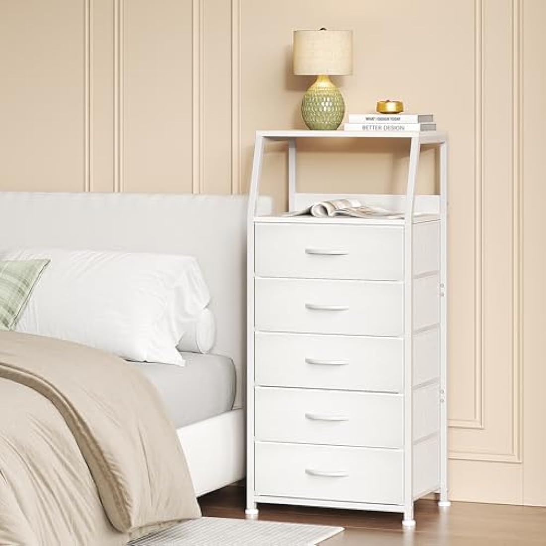 CAIYUN Chest of Drawers Bedroom with 5 Drawers, Tall Fabric Dresser with Shelf, Fabric Dresser for Entryway Hallway Living Room, Closet Storage Drawer, White
