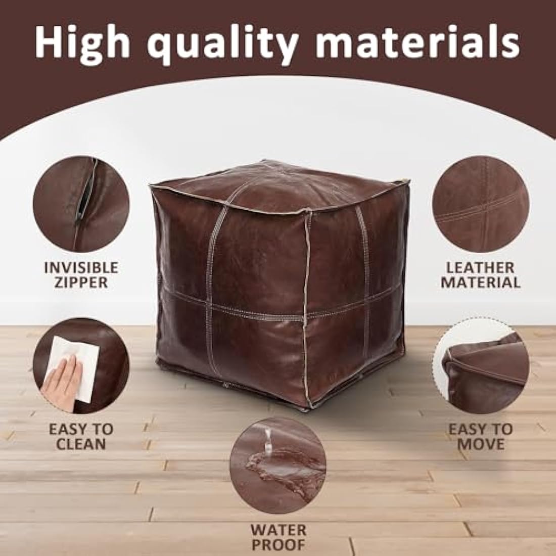 Louis Donne Unstuffed Square Faux Leather PU Pouf, Supersoft Handmade Ottoman Faux Moroccan Decor, Storage Solution, Foot Rest, Footstool, Pouffe Seat for Balcony Office Indoor, Brown-45"x45"x45"…