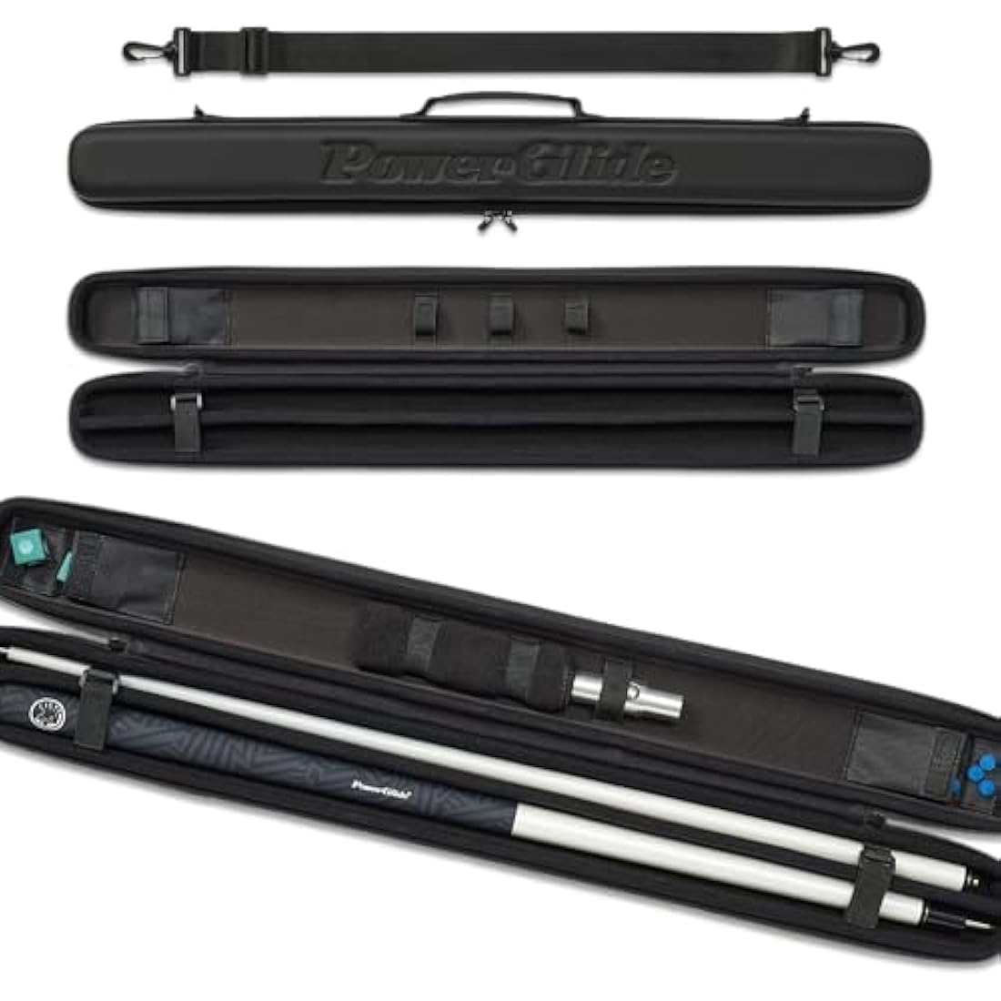 POWERGLIDE Snooker Pool or Billiard Cue Case | Svartur | Modern Design Soft Touch EVA | Handle & Shoulder Strap | Protective Foam Interior | Accessory Pockets | to Fit 2-Piece