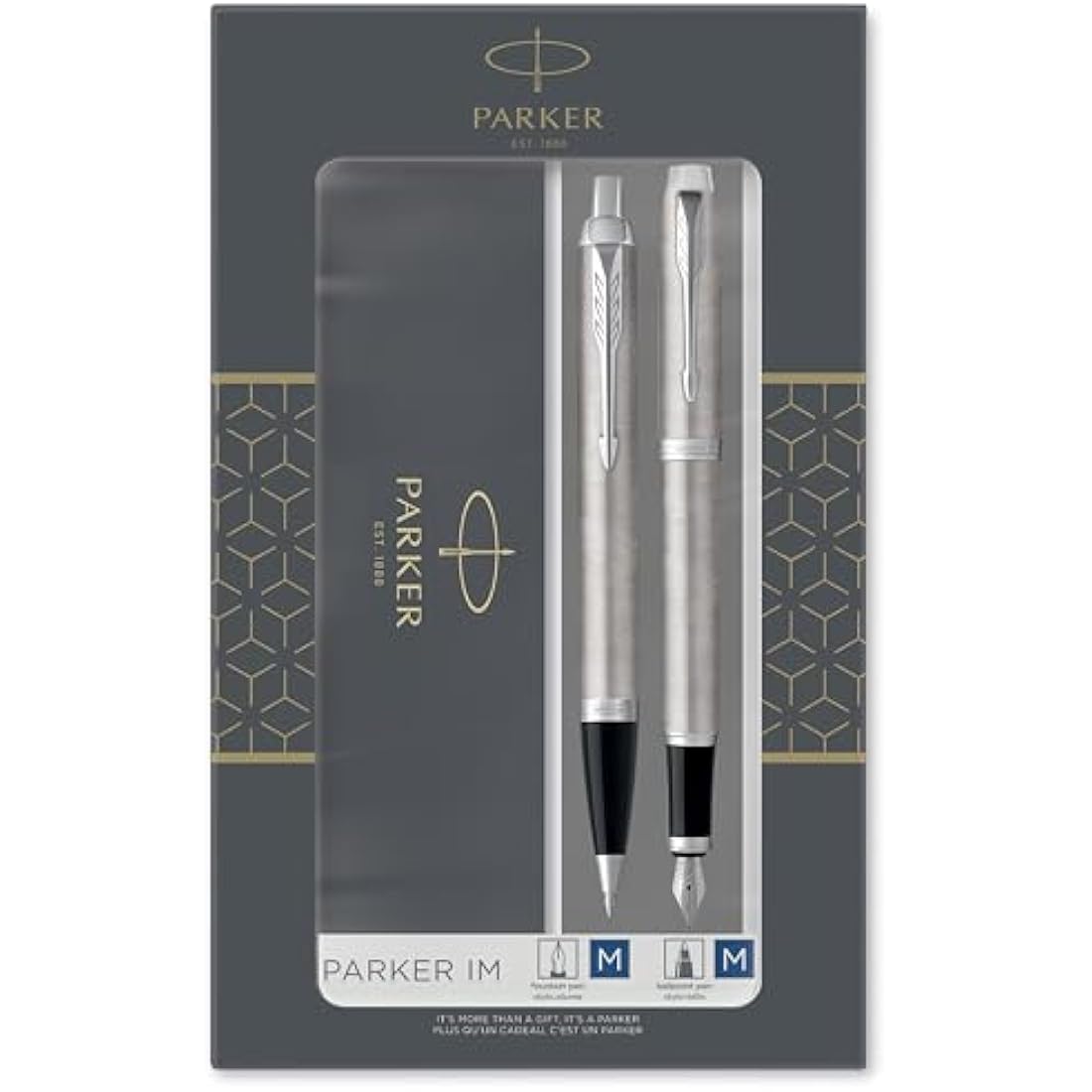 Parker IM Duo Gift Set with Ballpoint Pen & Fountain Pen | Stainless Steel Chrome Trim | Blue Ink Refill & Cartridge | Gift Packaging