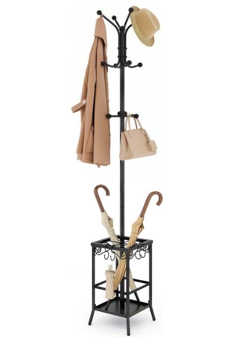 Hoctieon Coat Rack Freestanding, Coat Tree with Umbrella Holder, Metal Coat Rack Stand with 12 Hooks, Standing Coat Hanger Stand