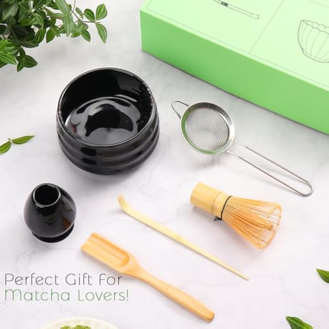 Geebuzz Matcha Whisk Set - Matcha Bowl and Bamboo Matcha Whisk, Scoop, Spoon, Sifter, Whisk Holder, 6pcs Perfect Matcha Starter Kit for Matcha Tea Ceremony (Black)