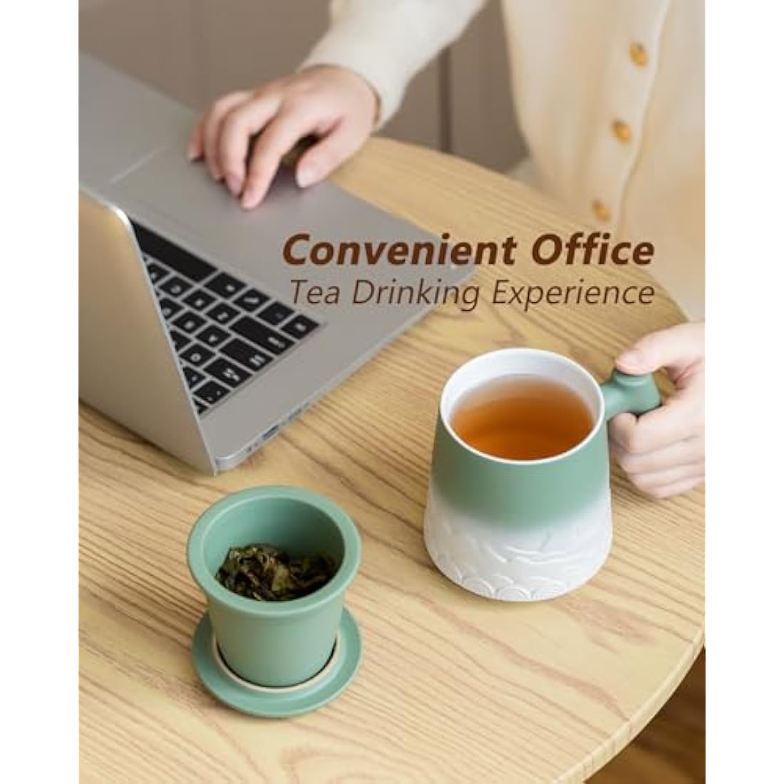 ZENS Tea Mug with Infuser and Lid, 500 ML Embossed Ceramic Loose Leaf Tea Cup with Strainers for Tea Diffusers, Wood Handle Tea Infuser Mug for Loose Tea Lovers Gifts, Tea Accessories