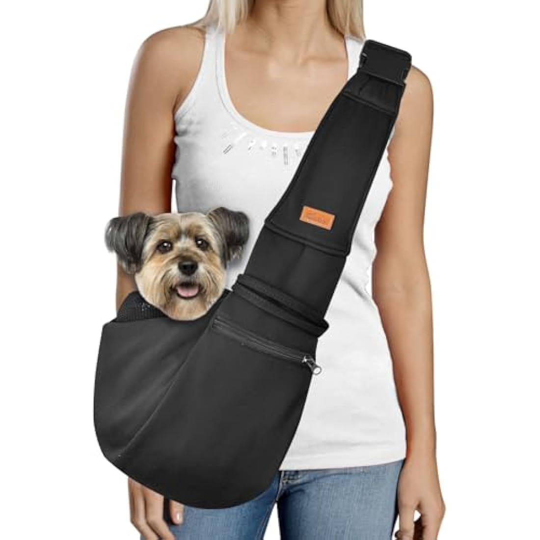 CUBY Dog and Cat Sling Carrier - Small Dog Carrier Sling with Adjust Strap & Zip Pocket, Hands Free Soft Dog Slings for Small Dogs Cats Puppy Pets Outdoor Travel Safety Purse Bag (Black)