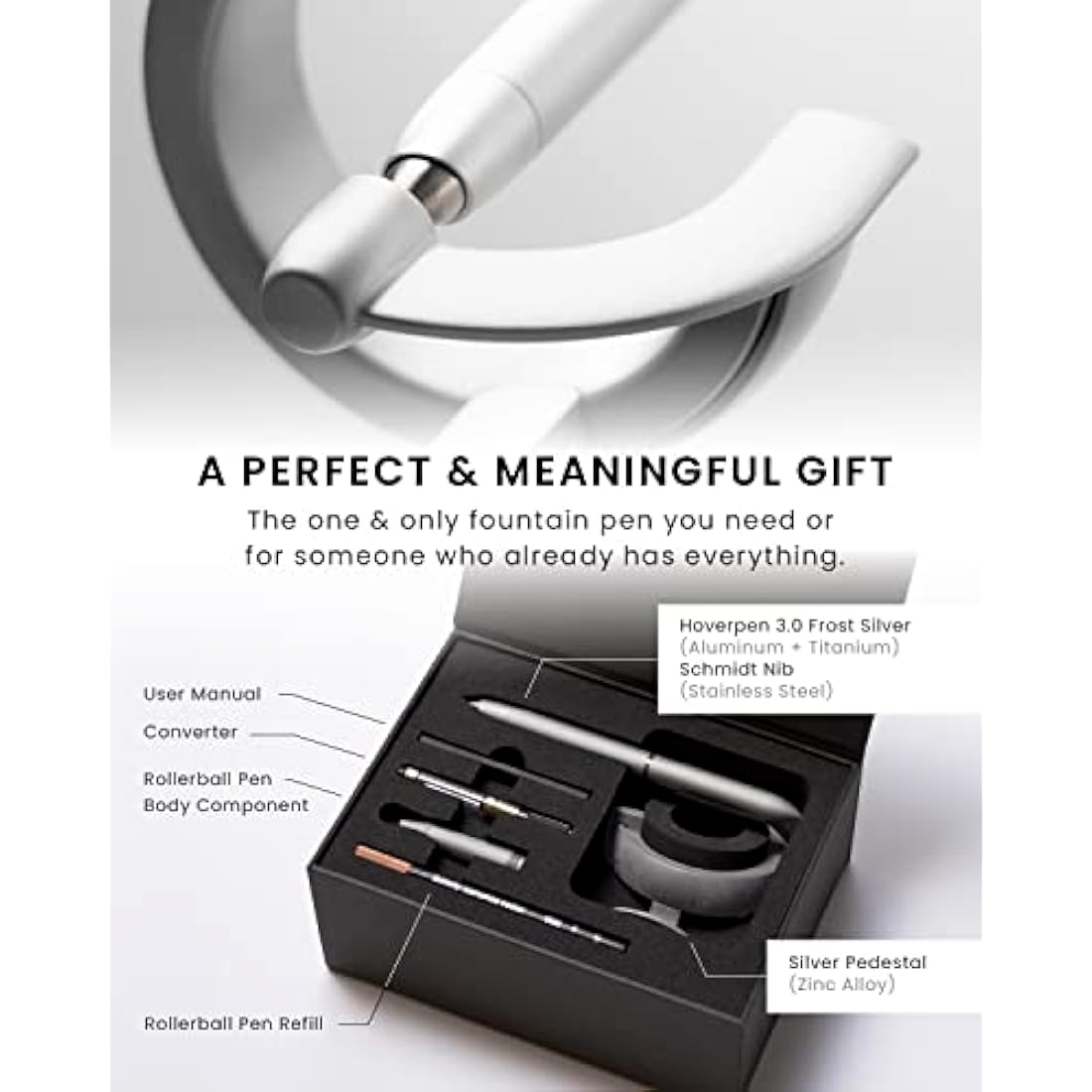 novium Hoverpen Future Edition - Fountain Pen & Rollerball Pen All-In Gift Box, Fine Nib, Futuristic Aesthetic, Luxury Metal Made Desk Pen, Free Spinning Executive Pen, Birthday Gifts (Frost Silver)