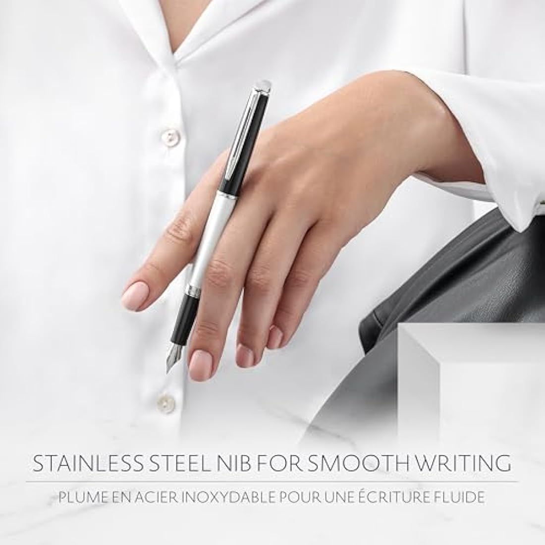 Waterman Hémisphère Fountain Pen | Black & White Lacquer with Palladium Coated Trim | Stainless steel Medium Nib | Blue Ink | Gift Box