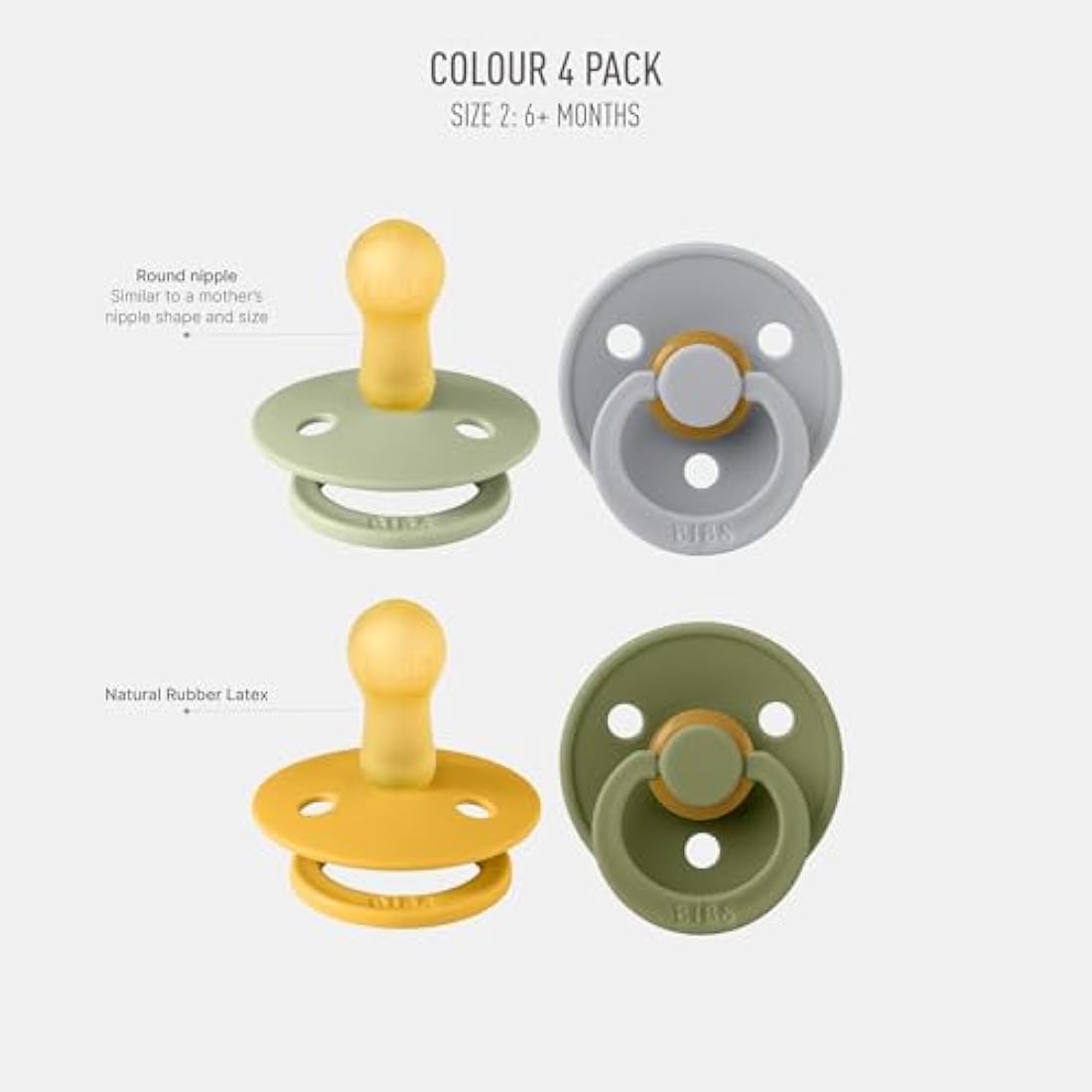 BIBS Dummies Colour 4-Pack, BPA Free Dummy Pacifier, Round Nipple Soothers, Natural Rubber Latex, Made in Denmark. 6-18 Months (Pack of 4), Green Garden Lush