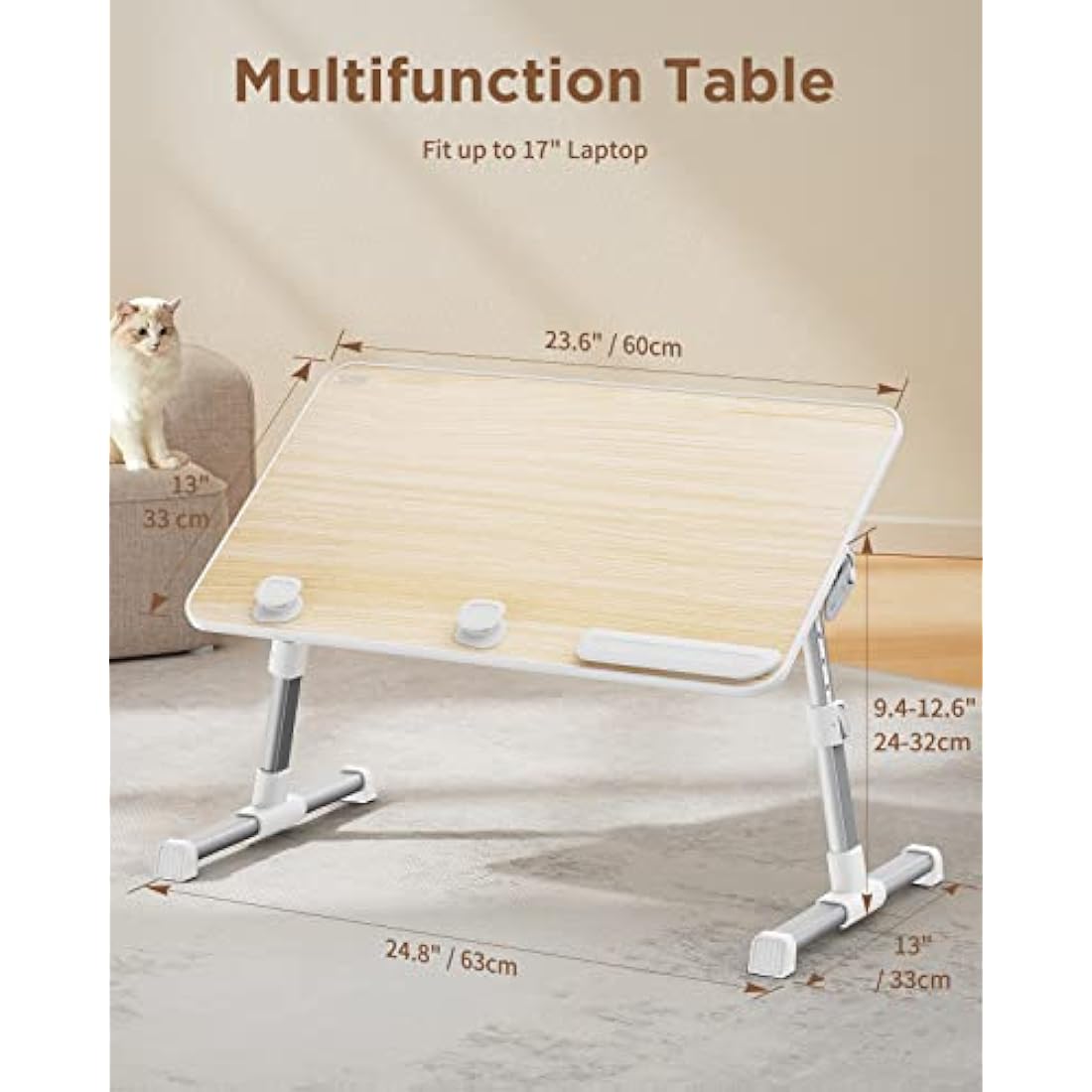 SAIJI Table, Bed Table Height Adjustable, with 4 Adjustable Angles, Foldable Laptop Desk, for Sofa Couch Floor Work Study Reading Writing Breakfast, Fits up to 17'' Laptop (60 x 33 cm, Teak)