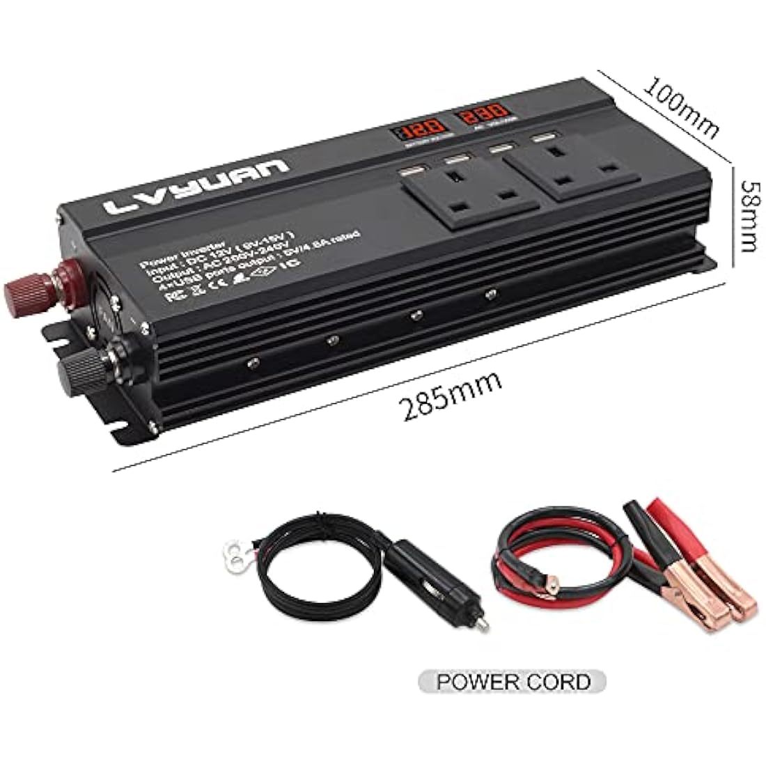 LVYUAN Power Inverter 1200/2500 W DC 12V to 240V AC Car Converter with 4 USB, 3 UK Sockets, Dual LED Display and Fan, Car Adapter, Black