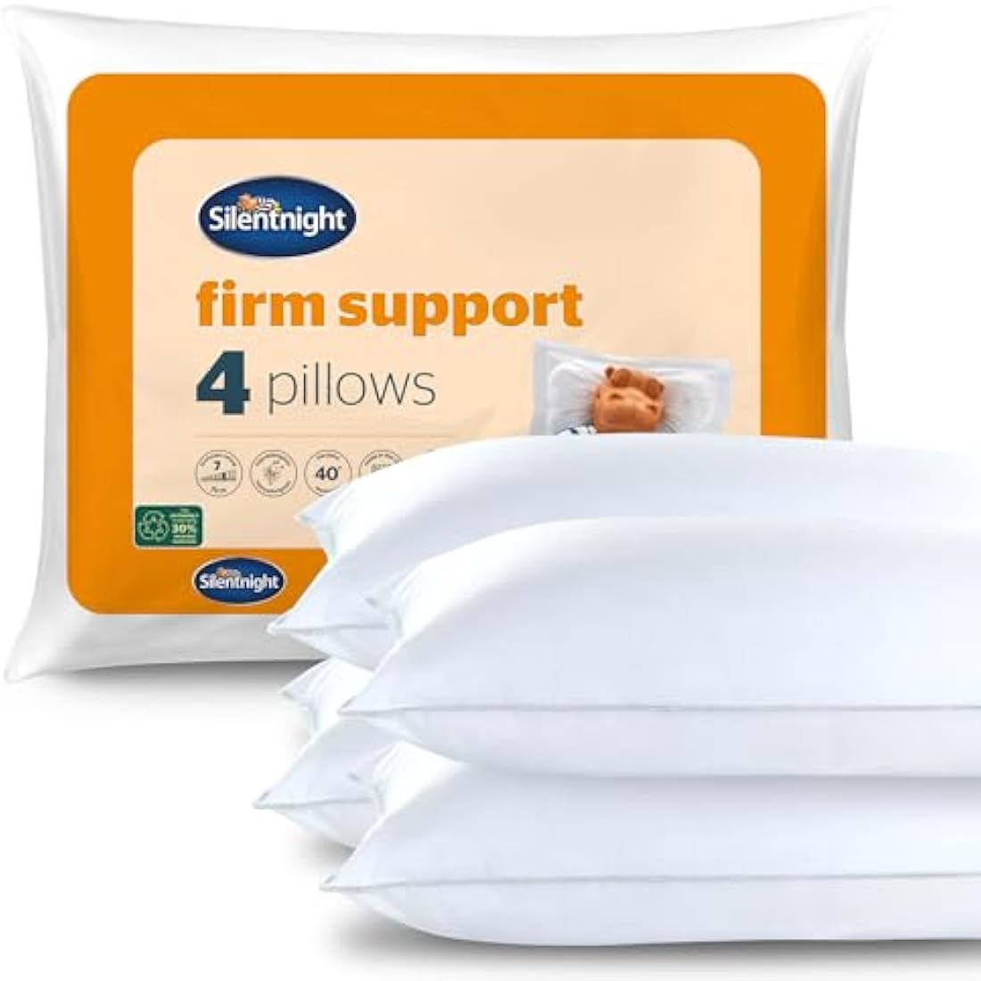 Silentnight Firm Support Pillows 4 Pack - Firm Pillows Ideal for Back and Side Sleepers with Fibre Core Centre for Head and Neck Support - Hypoallergenic - Pack of 4,White