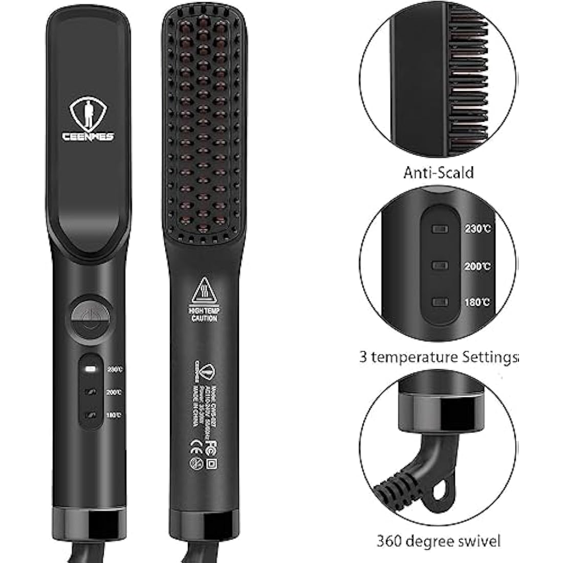Ceenwes 3 in 1 Professional Beard Straightener with Beard Oil & Balm, Portable Hair Straightener Brush for Men & Women