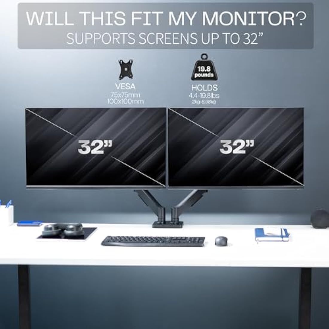 VIVO Dual Arm Monitor Desk Mount Height Adjustable, Tilt, Swivel, Counterbalance Pneumatic Stand, VESA Bracket Arm Fits Most Screens up to 32 inches, Classic, STAND-V002O