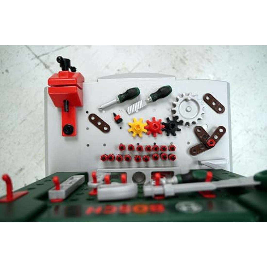 Theo Klein 8574 Bosch Workbench with 77 Parts I With Screwdriver and Spanner, Pliers, Hammer and Much More I Work Surface with Learning Function I Dimensions: 57 cm x 35 cm x 86 cm