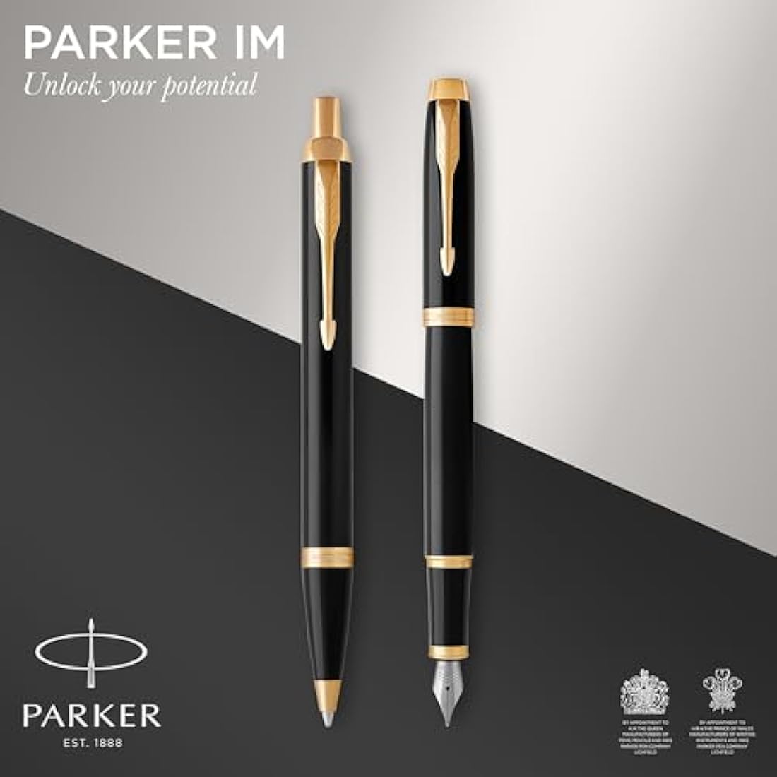 Parker IM Duo Gift Set with Ballpoint Pen & Fountain Pen | Gloss Black with Gold Trim | Blue Ink Refill & Cartridge | Gift Box