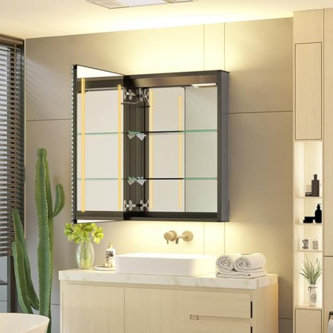 Tokvon® Rivulet BLACK bathroom mirror cabinet Wall Mount Aluminum Double-sided LED mirror door & shaver socket 3 adjustable color temperature & demister 500 x 700mm