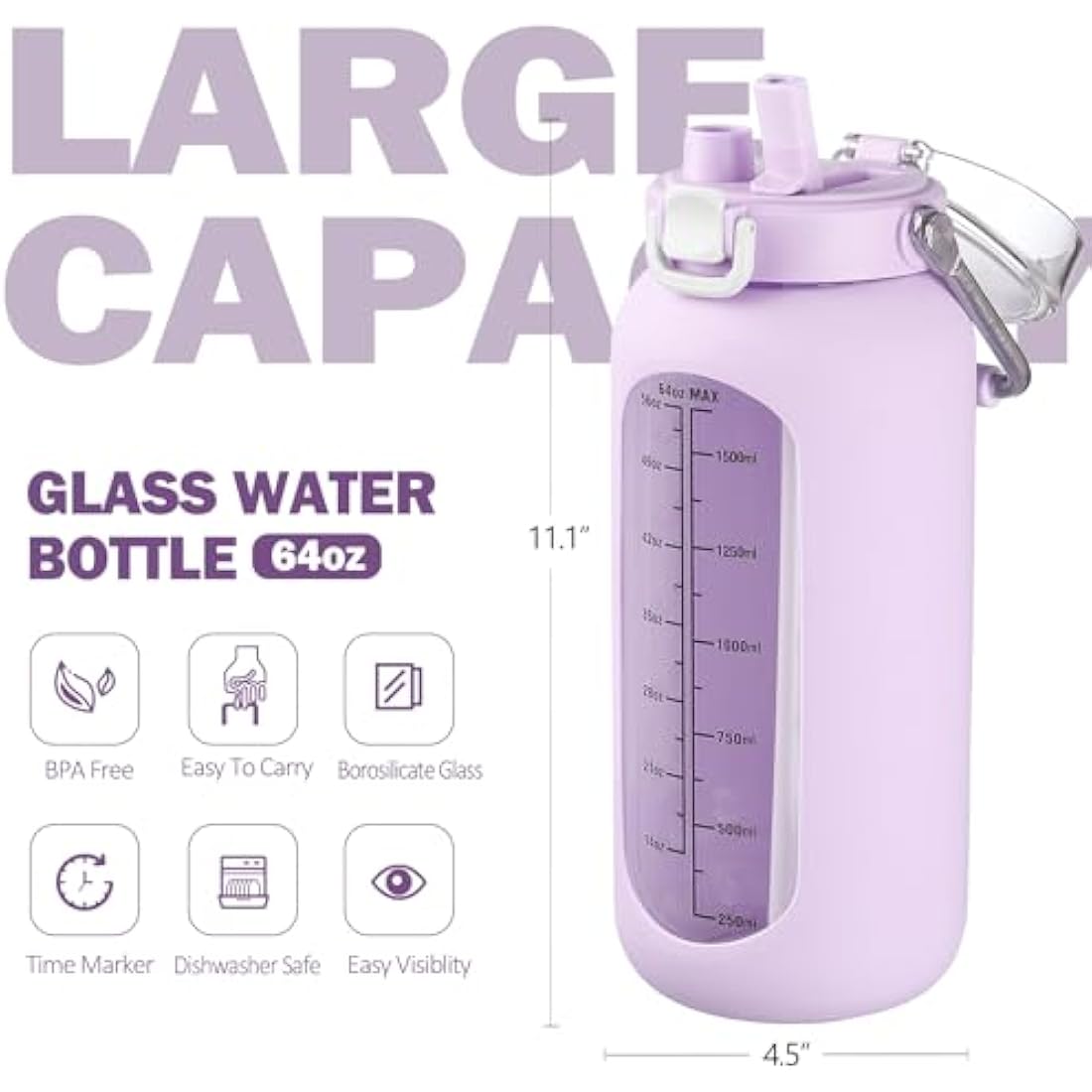 BLUEGO 2000ml Borosilicate Glass Water Bottle with Stainless Handle and Time Marker 2L Drinking Bottle with Silicone Sleeve and Straw for Gym Office Outdoor Sports Water Bottles BPA Free, Purple