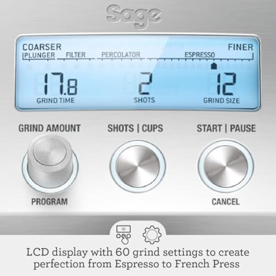 Sage - The Smart Grinder Pro - Conical Burr Coffee Grinder - Programmable, Automatic - 450g Coffee Bean Capacity, 60 Precise Grind Settings - Brushed Stainless Steel