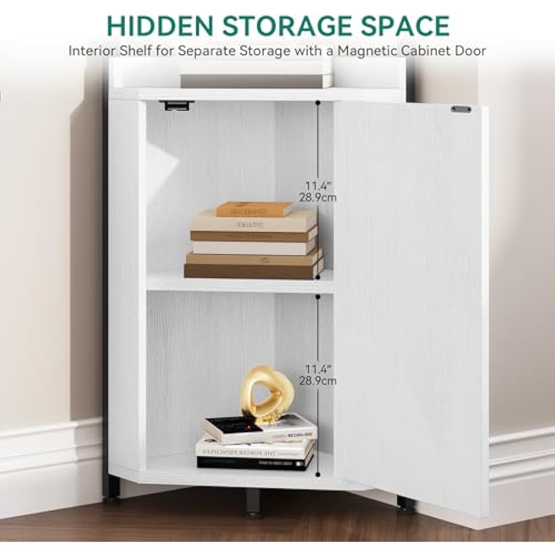 YITAHOME Corner Shelf 4 Tiers, Industrial Bookshelf with Cabinet Floorstanding Bookcase Wooden Storage Rack Shelving Units for Living Room, Home Office, Hallway, White Book shelves