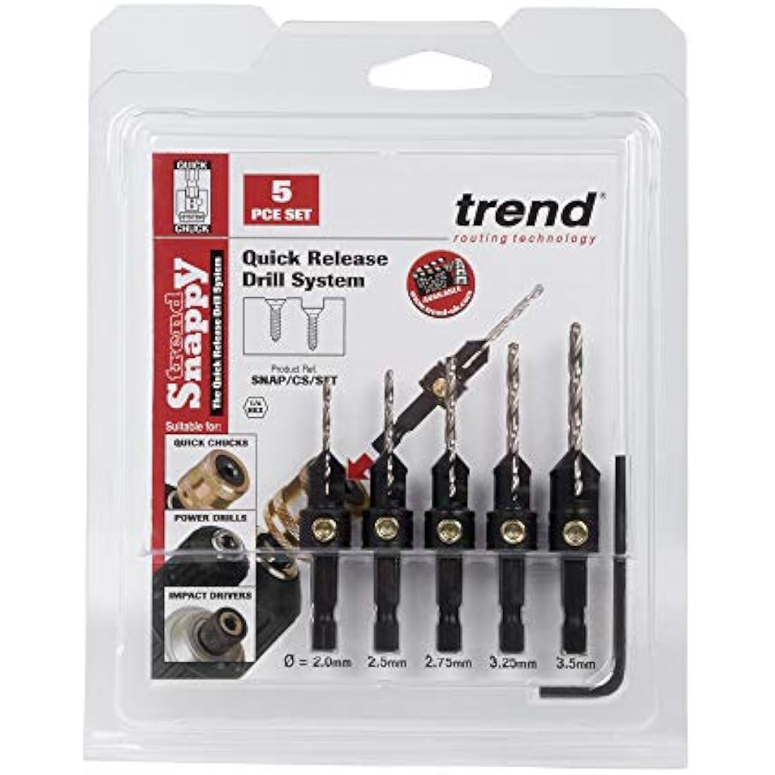 Trend Snappy 5-Piece Countersink & Drill Set for No4-No12 Gauge Screws, Quick Release, Pilot Holes & Countersinks in One Go, SNAP/CS/SET