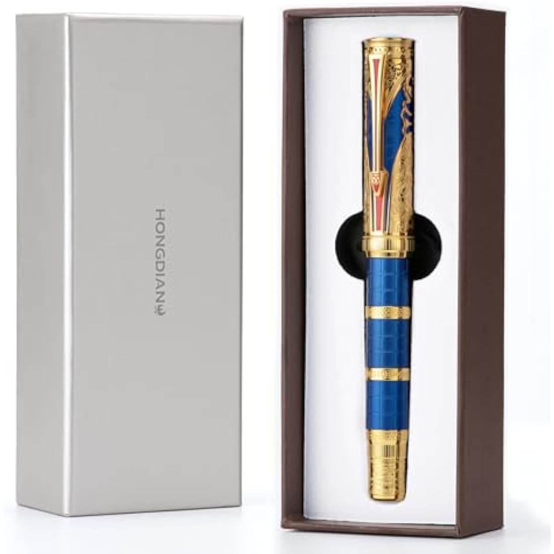 Hongdian D5 Qin Dynasty Fountain Pen Blue Gold, Extra Fine Nib Piston Filling Pen, Retro Chinese Totem Engraving Smooth Writing Pen with Pen Box Set