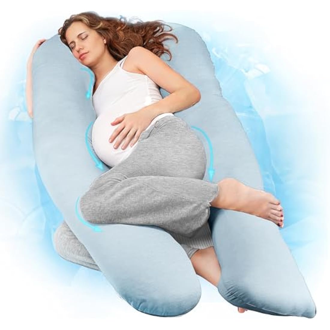Nuliie Pregnancy Pillow for Sleeping, U Shaped Full Body Pillow with Washable Cooling Fabric Cover, Maternity Pillow Support for Back, Hips, Legs for Pregnant Women (Cooling Light Blue)