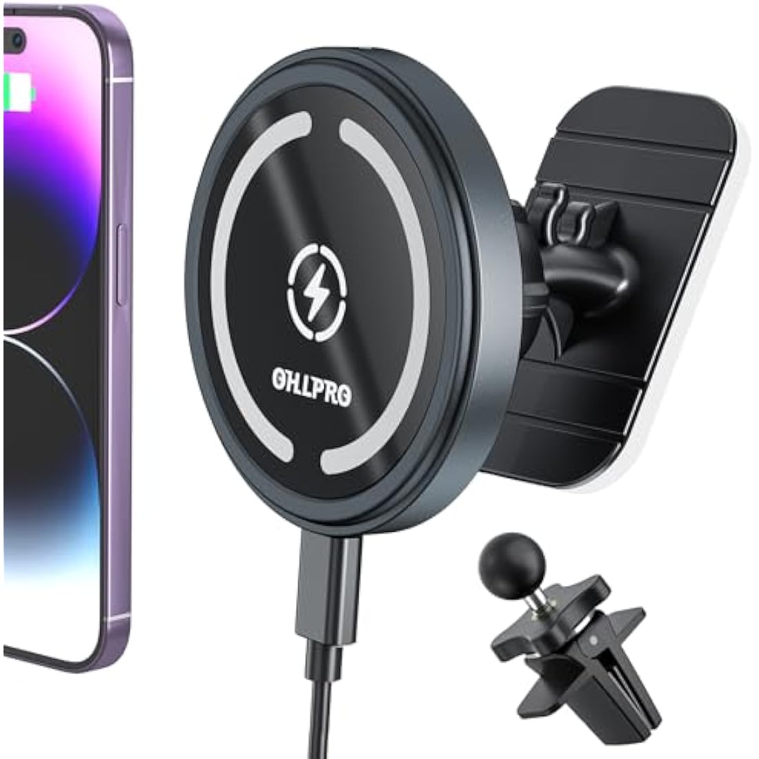 OHLPRO MagSafe Car Mount Charger iPhone Wireless Car Charger, Stick on Dashboard Magnetic Phone Holder Mount for iPhone 16 Pro Plus Max 15 14 13 12 Series, 15W Fast Charging, Aluminum Shell