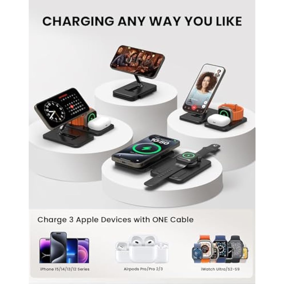 GEEKERA Charger for MagSafe, 3 in 1 Wireless Charging Station for iPhone 16/15/14/13/12/Pro Max, Magnetic Charger Stand for Apple Watch Ultra-2, Multi Travel Charging Dock for AirPods Pro 2-2-Black