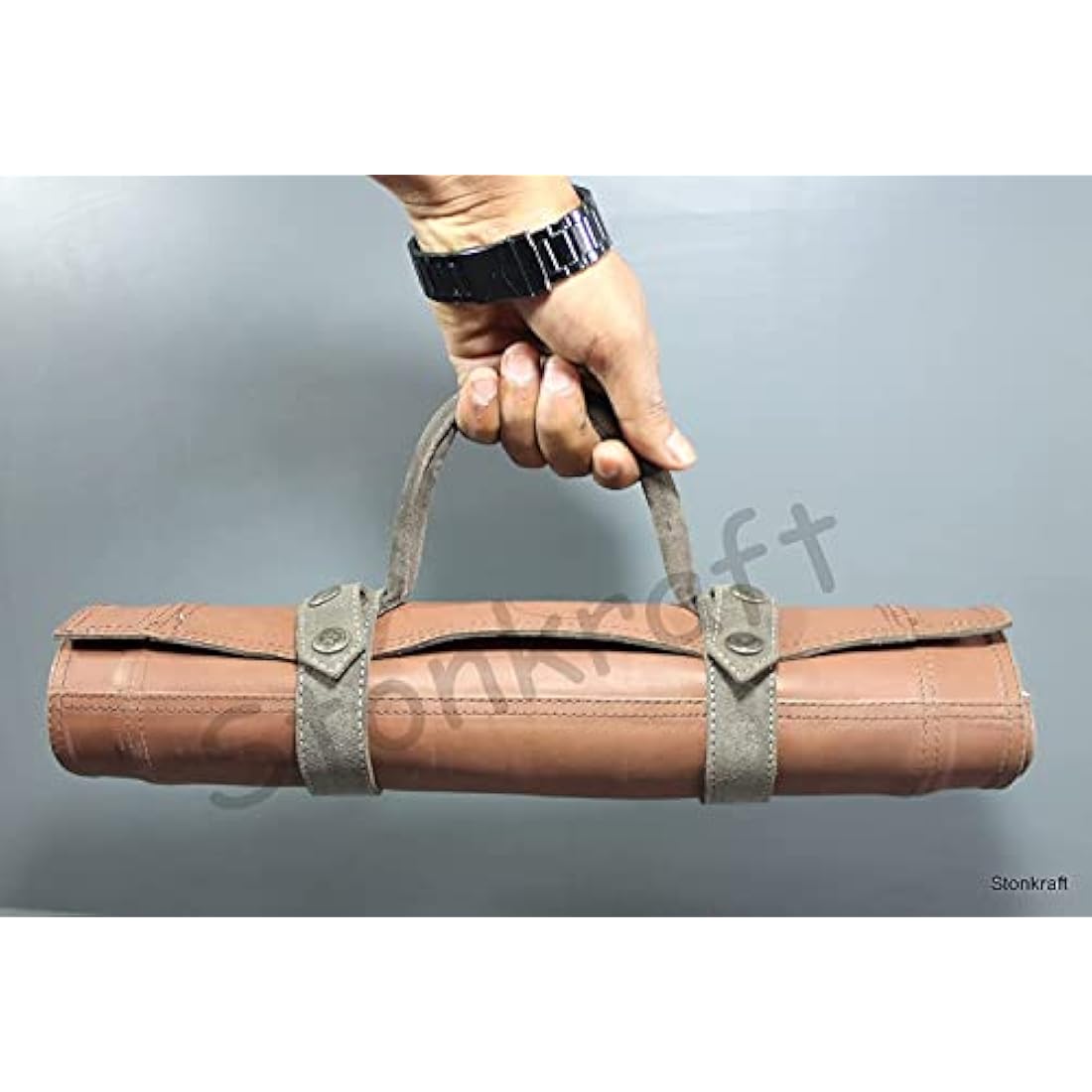 Stonkraft 19" x 15" (Chess Board Size 12" x 12") Genuine Roll-Up Leather Chess Set - With Wooden Chess Pieces - Brown Grey | Comes with a Innovative Carry Pouch