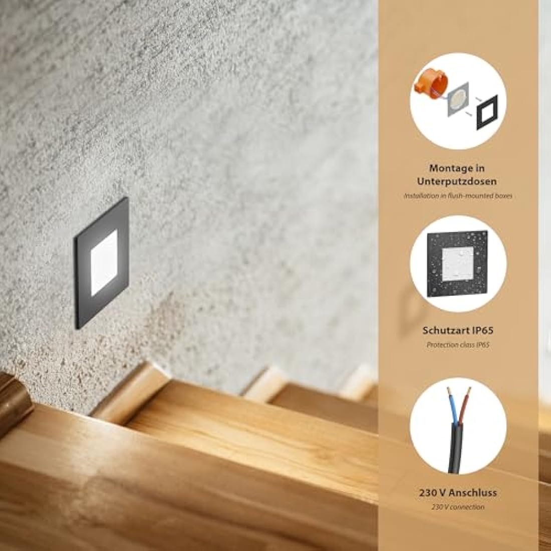 ledscom.de 12 LED Staircase Light/recessed Wall Light FEX for Indoors and Outdoors, Angular, Black, 85 x 85mm, Cool White