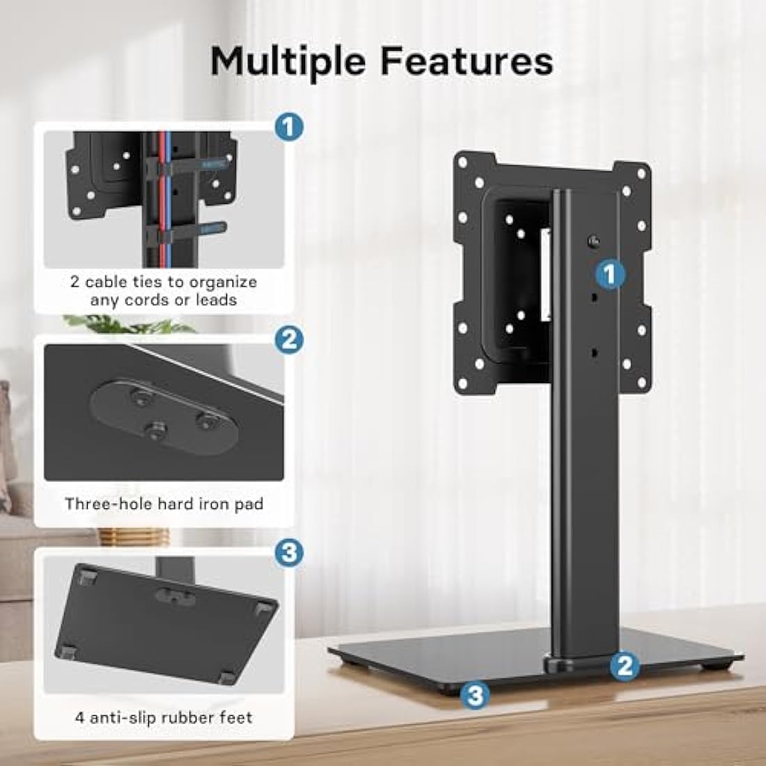 BONTEC Universal Swivel TV Stand for 17-43 inch Screens, Height Adjustable Table Top Pedestal TV Stand for LCD/LED/OLED/Plasma/Curved TVs up to 45kg, 2 Cable Ties Included