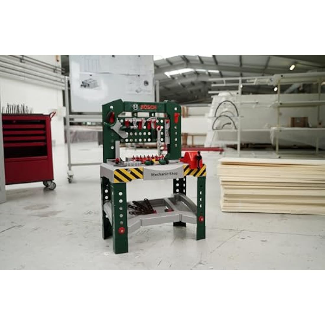 Theo Klein 8574 Bosch Workbench with 77 Parts I With Screwdriver and Spanner, Pliers, Hammer and Much More I Work Surface with Learning Function I Dimensions: 57 cm x 35 cm x 86 cm