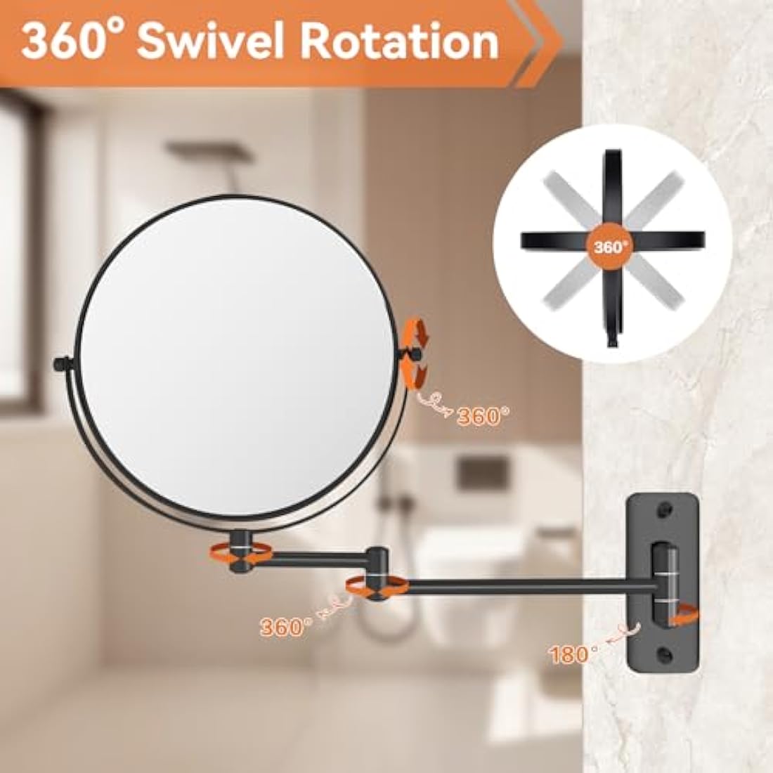 AumVum 8 inch Makeup Mirror Wall Mounted, 1X/10X Double-Sided Wall Mount Magnifying Bathroom Shaving Mirror with Extendable Arm, 360° Swivel for Bathroom Vanity and Makeup, Matte Black（No Light）