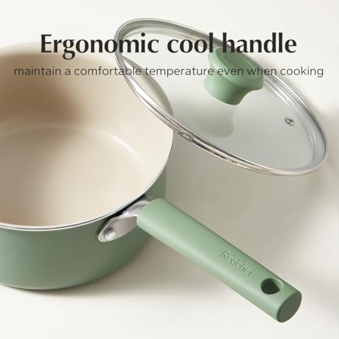 Redchef Ceramic Nonstick Saucepan with Lid,20cm Small Cooking Pot,Non Toxic Sauce Pans for Kitchen, Cool Handle PFAS Free Compatible with All Cooktops, Green