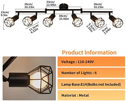 Wall Spotlight Fitting, Retro Rotatable Ceiling Spotlight, Black Metal Iron Lampshade Ceiling Light, Adjustable Wall Lamp for 6 E14 Bulb, Suitable for Living Room Bedroom Kitchen Loft Hallway