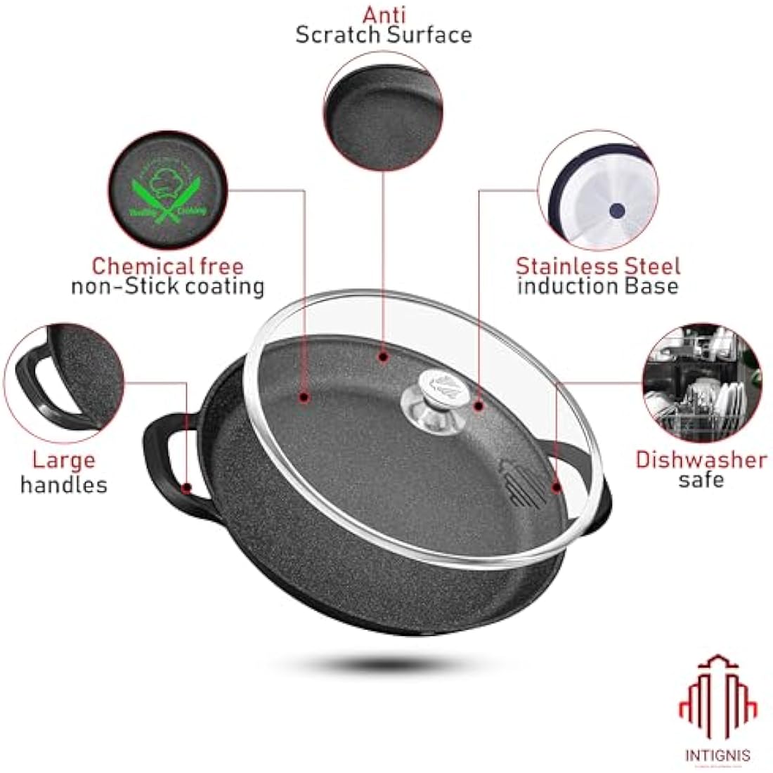 Paella Pan | Glass Lid |Non-Stick | Anti Scratch | Removable Silicone Handles | Ceramic Coating Chemical Free | Induction & Oven Safe | Heavy-Duty | Stainless-Steel Base (Black, 36 CM)