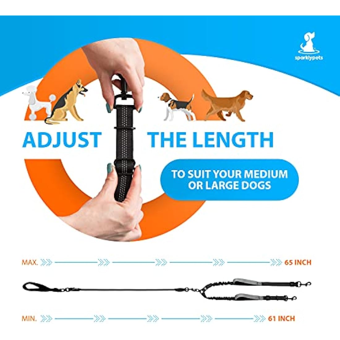 SparklyPets Double Dog Leash for 2 Dogs – Rope Bungee Dual Leash for Medium and Large Breeds with Padded Handles & Tangle Free (Black, Medium/Large)