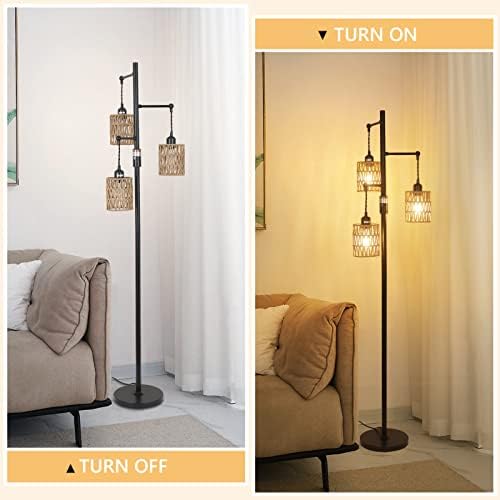 Rayofly Dimmable Rattan Floor Lamp, 3-Lights Boho Lamp with Stepless Dimmer, Industrial Lamps for Living Room, Tall Tree Shades, Farmhouse Standing Bedroom Black-3 Lights
