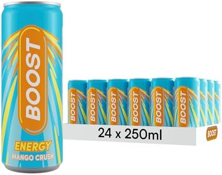 Boost Energy Drink Mango Flavour - 24 Pack Drinks with Caffeine, Taurine and Vitamin B | Carbonated Energy Drinks | Gluten Free Vegan Low Calorie Fizzy Drinks Multipack | 24x250ml