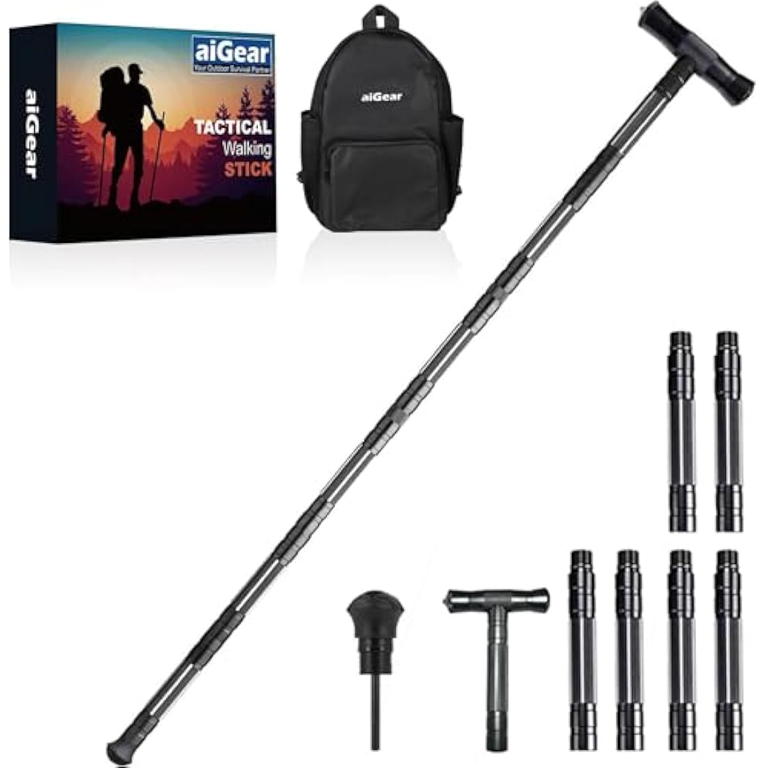 aiGear Tactical Stick/Hiking Trekking Poles | CNC Machined Aluminum Tactical Cane with 3 Outdoor Tool | Suitable For Hiking Camping Mountaining Backpacking | Color Black