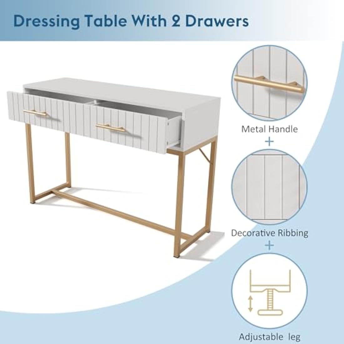 Merax Modern Desk with Drawers 2, Dressing Table with Ribbing Drawer Fronts, Wooden Vanity Desk, Golden Metal Legs, Makeup Desk Storage Table for Bedroom Living Room, White, 100 x 45 x 75cm