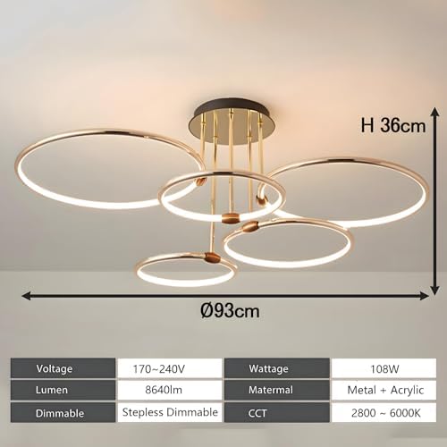 YYUTLUO LED Ceiling Light, Ø93cm Gold Metal Circle Chandelier, 108W Stepless Dimmable 3000-6000K, Modern Round Electroplate Pendant, Bedroom Living Children Office Study Kitchen Hallway(5 Ring)