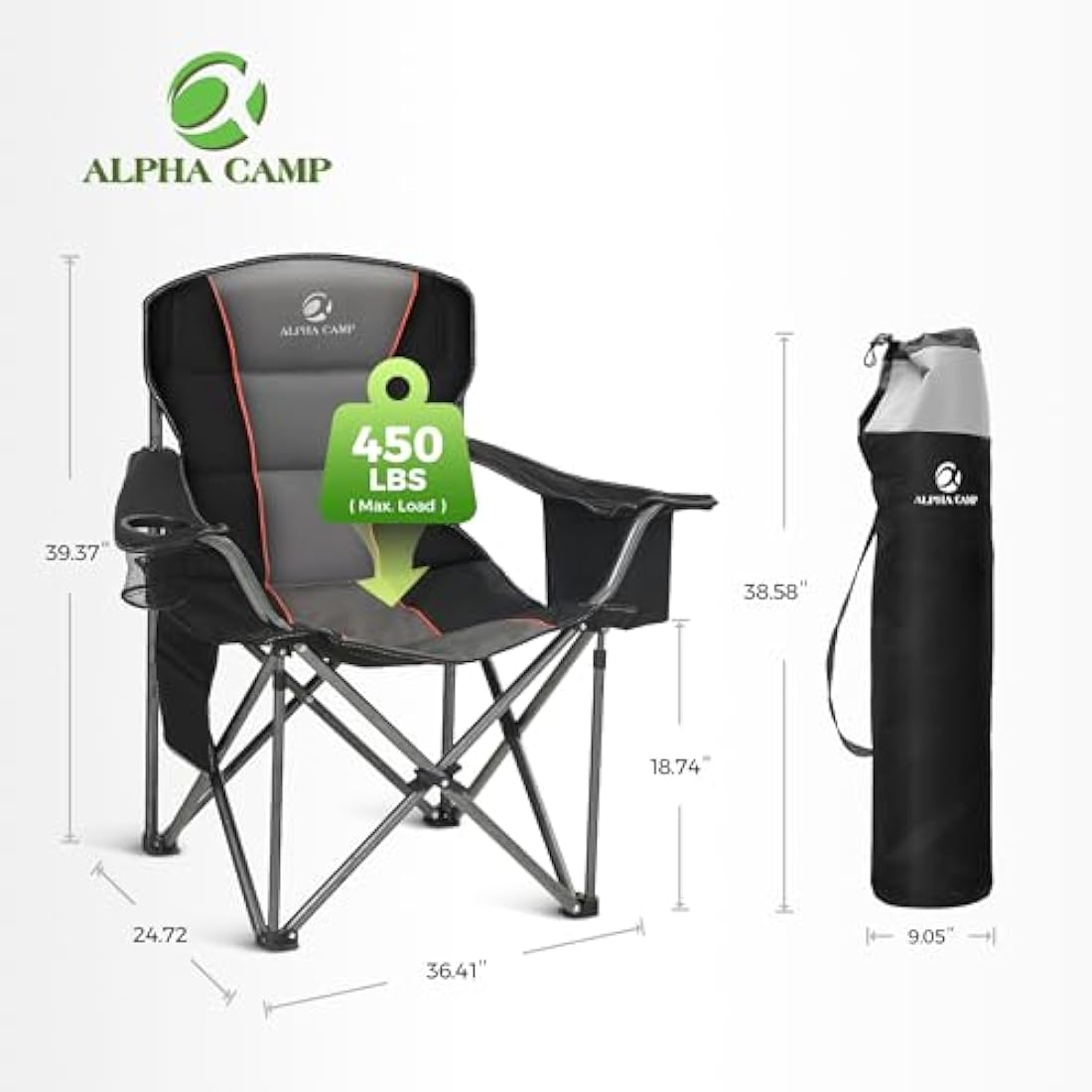ALPHA CAMP Set of 2 Camping Chairs for Adults Heavy Duty Camping Chair Up to 200 kg Folding Camp Chairs with Cup Holder and Cooler Bag for Outdoor Picnic Fishing, Lightweight and Portable, Black