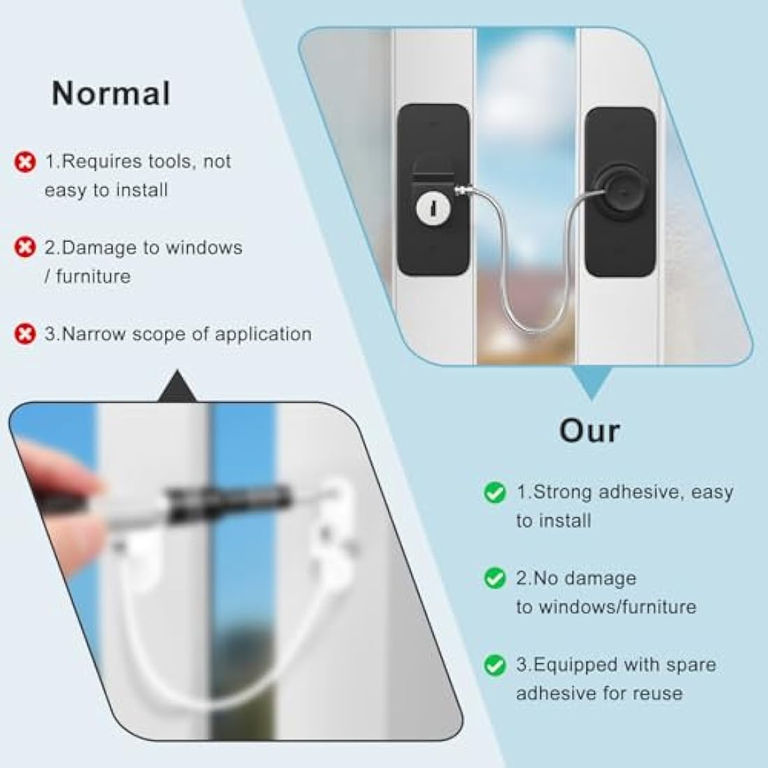 Window Safety Lock Black AOSITE 2 Packs Versatile Window Restrictor Self Adhesive for UPVC No Drilling Window Locks, Refrigerator Lock with Key Child Pet Child Safety Cable Lock for Childproof