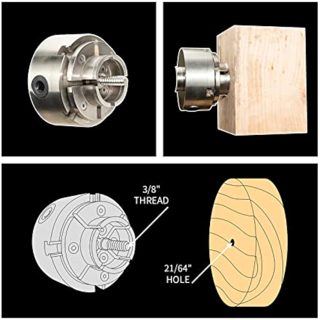 DEEFIINE 4 Inch Wood Lathe Chuck Set 1" x 8 tpi Thread & 3/4" x16TPI Adapter, Nickel Plated Self Centering 4 Jaw Wood Turning Chuck Set (2PCS Jaws)