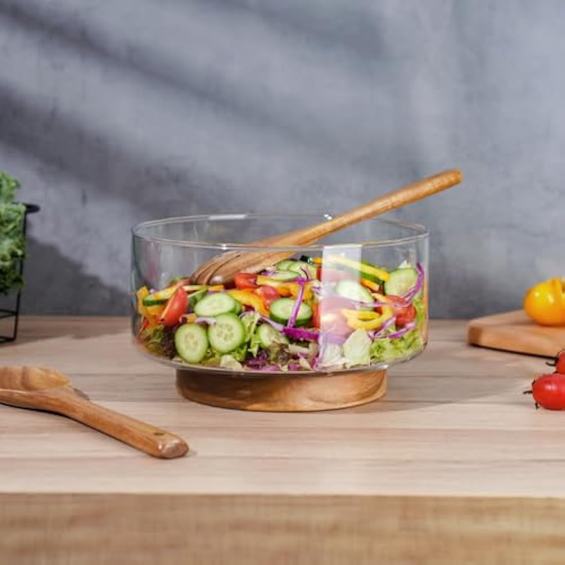 NiHome Large 3600ML Glass Salad Bowl with Acacia Wood Salad Tongs, Enhanced Stability Design, Versatile Serving Bowl for Salads, Fruits, Ideal for Gatherings & Daily Family Dining