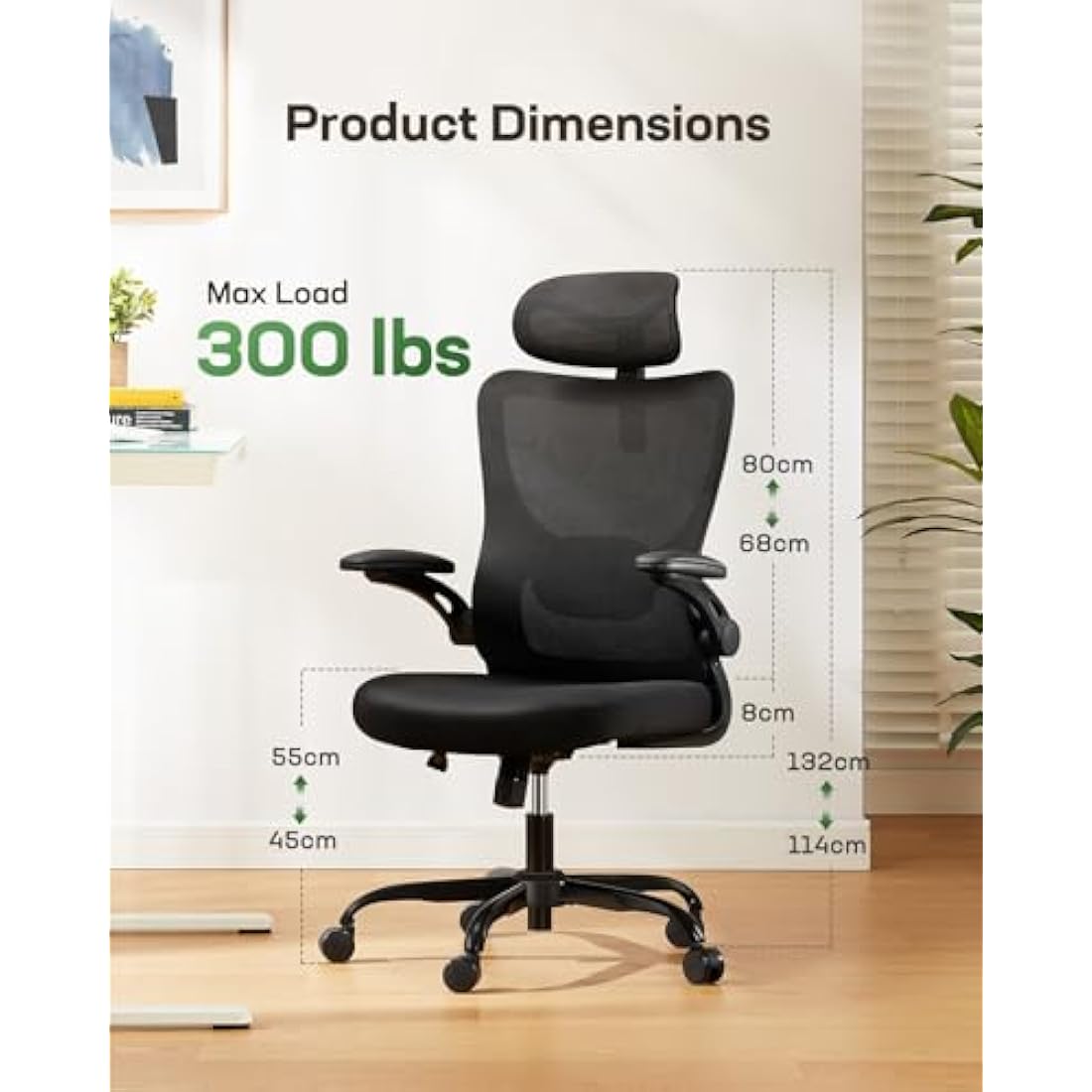Marsail Ergonomic Office Chair: Computer Desk Chair with High Back Adjustable Lumbar Support 3D Armrests and Headrest 90°-130°Rocking Mesh Swivel Task Chairs for Home Office