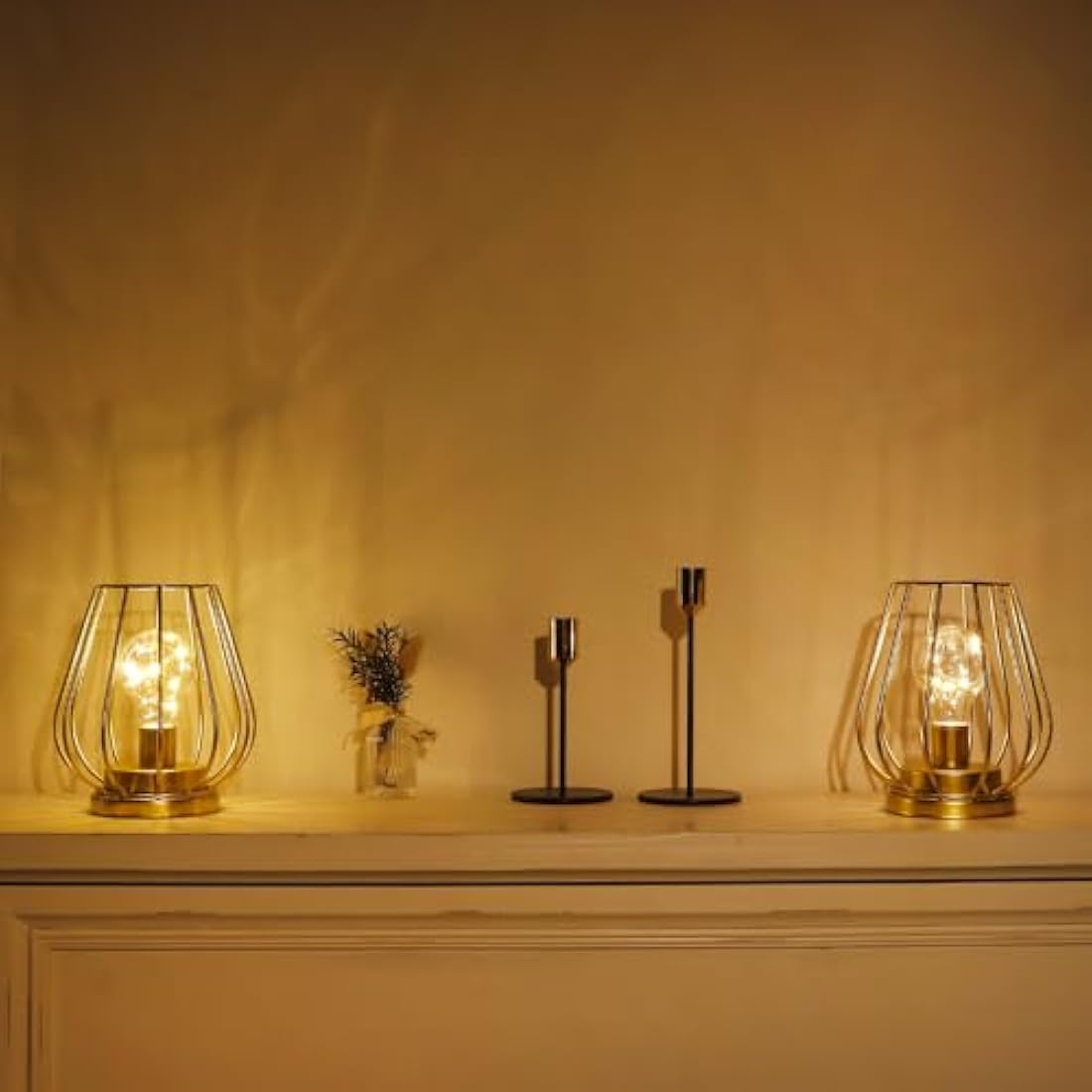 TRIROCKS 2 Set of Metal Battery Operated Table Lamp 17cm Tall Mini Cage Shape Cordless Lanterns with Warm Fairy Lights Bulb for Patio Garden Wedding Parties Indoor Outdoor (Gold)