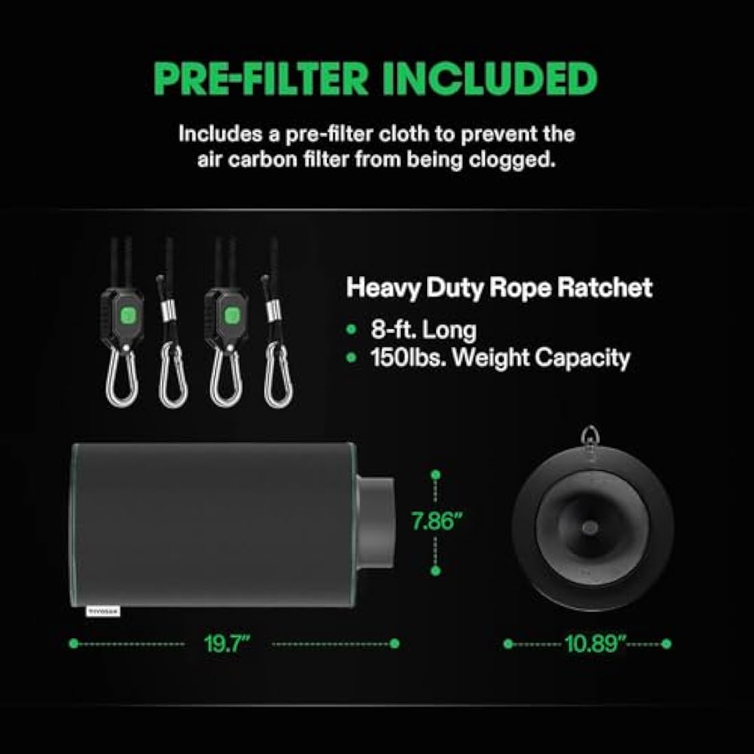 VIVOSUN 8 Inch Air Carbon Filter Smelliness Control with Australia Virgin Charcoal for Inline Fan, Grow Tent Smelliness Scrubber, Pre-Filter Included, Reversible Flange 8" x 20", Black